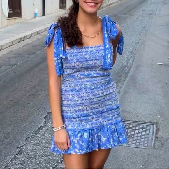 NWOT LoveShackFancy Belle‎ Blue smocked tie straps  Dress - Picture 5 of 12